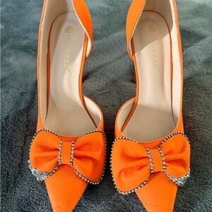 Orange Rhinestone Bow Heels